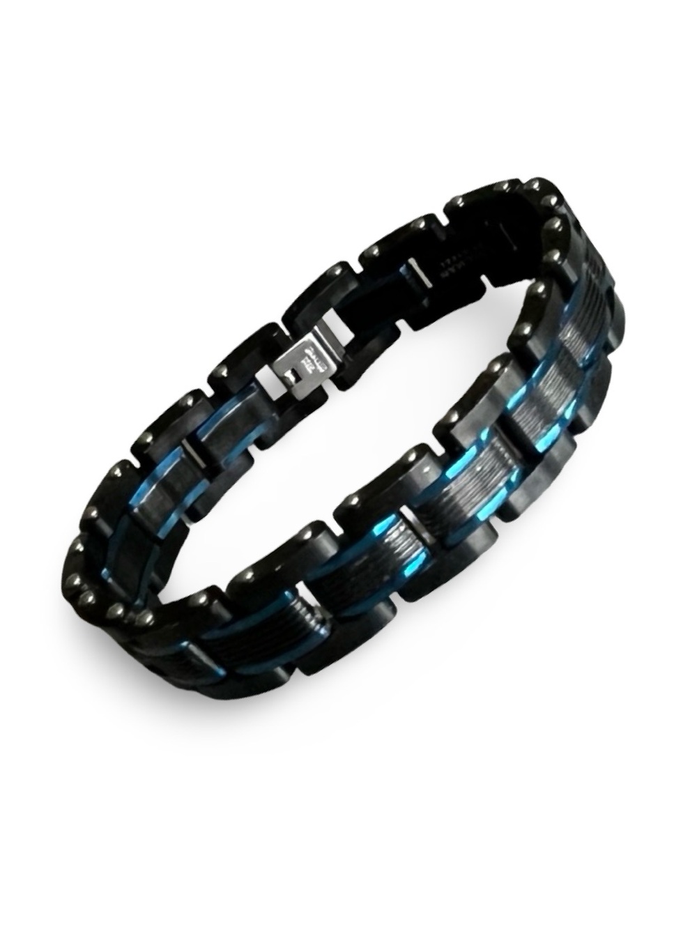 Men’s Black and Blue Metal Two Tone Link Bracelet